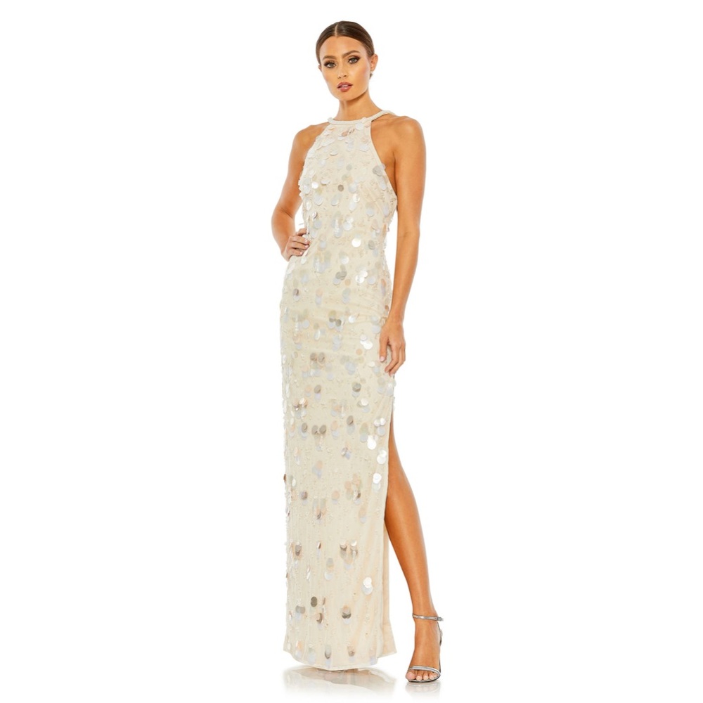 Max Duggal style 10878 CRYSTAL EMBELLISHED CASCADE OPEN BACK COLUMN GOWN 12